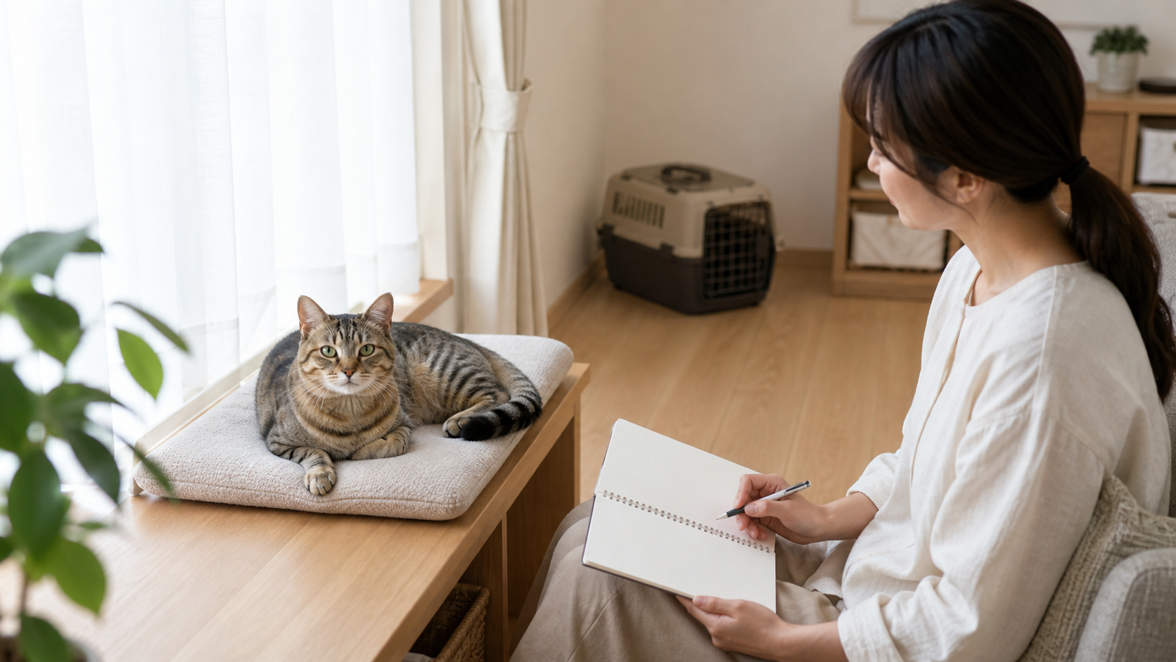 窓辺で休む猫を見守りながら健康記録を確認する飼い主