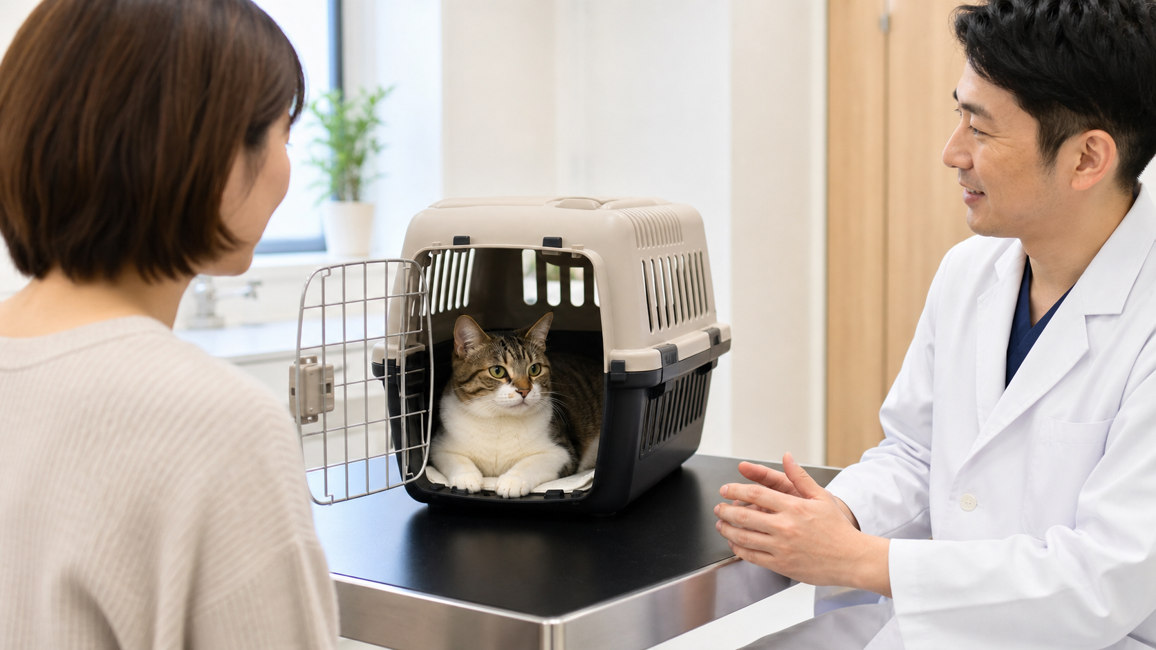診察室でキャリー内の猫を見守りながら獣医師へ相談する飼い主