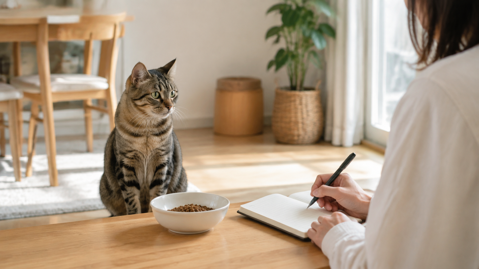 食器の前にいる猫の様子を見ながら変化をノートに記録する飼い主