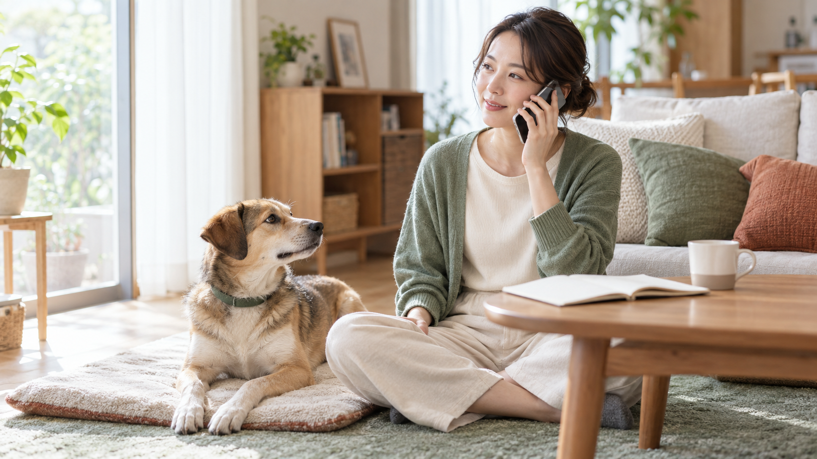 犬のそばでノートを開き、しつけ相談の電話をする飼い主