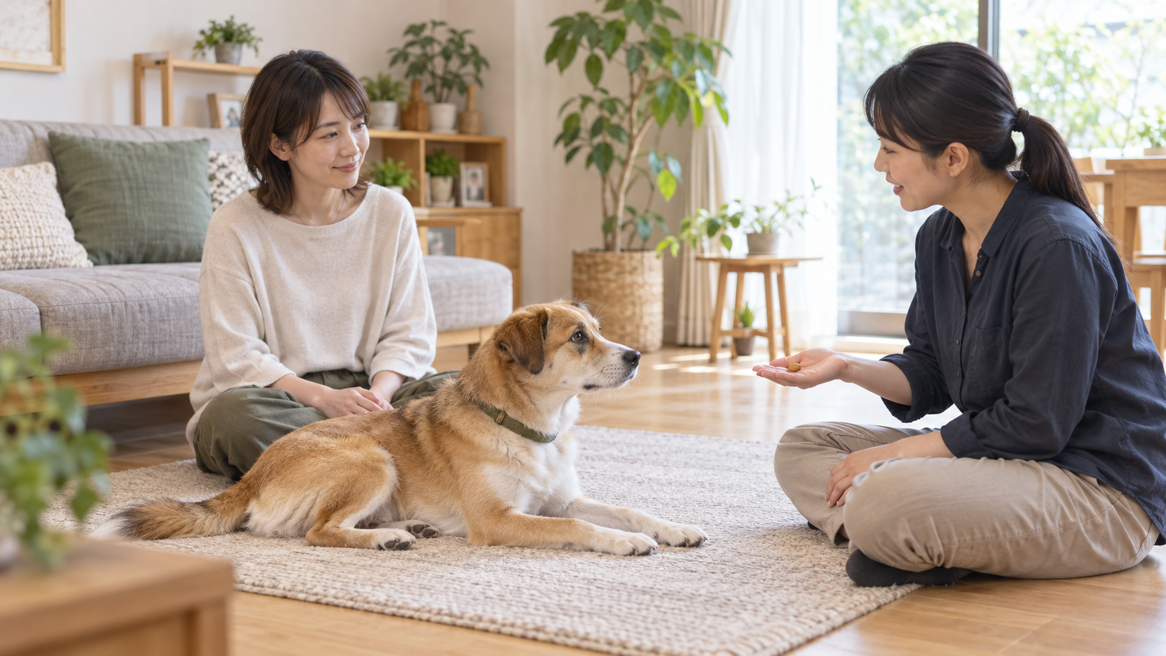 自宅で犬の様子を見ながら穏やかに相談する飼い主とトレーナー