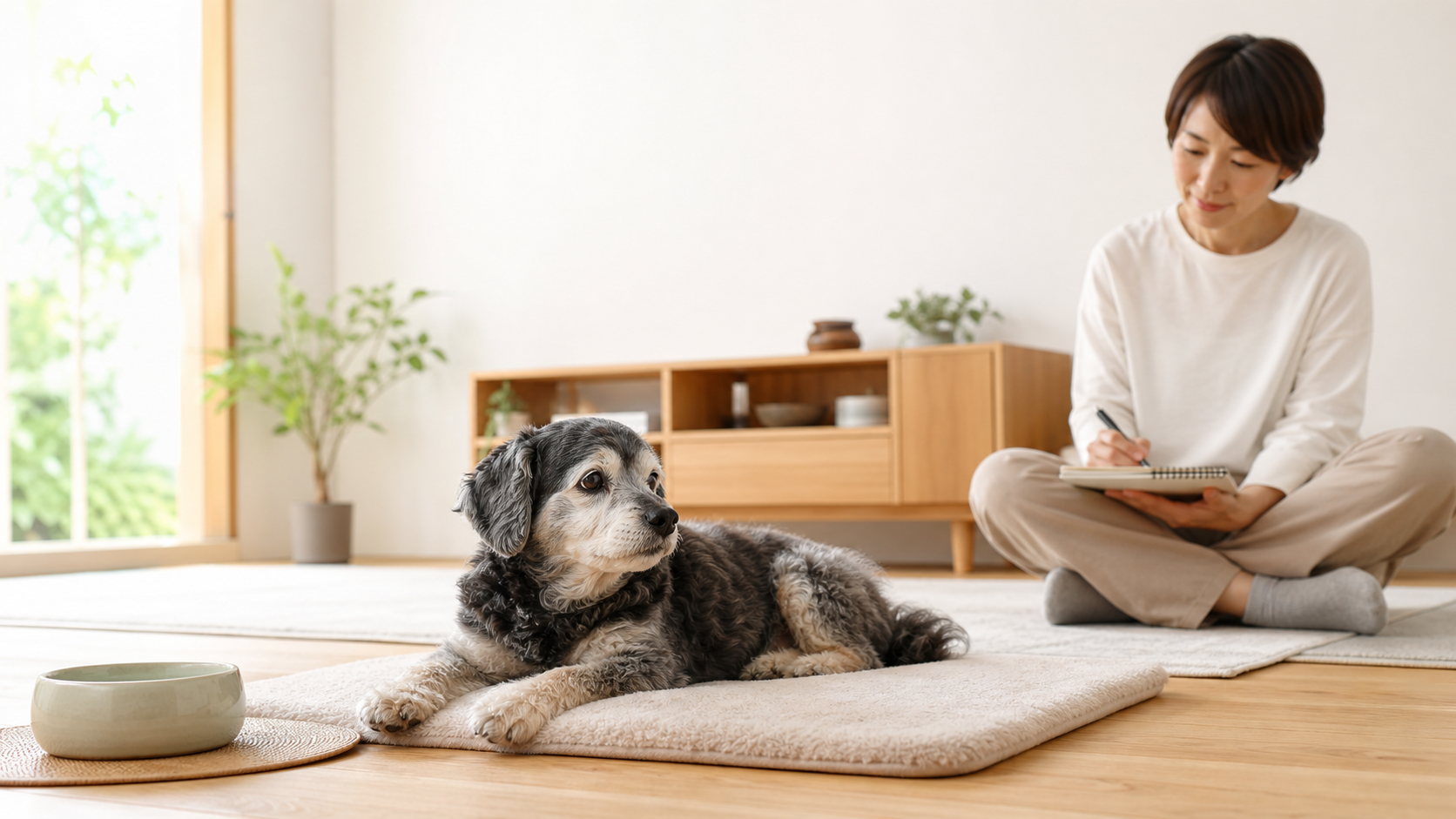 室内で休むシニア犬を飼い主が静かに見守りながらメモしている様子