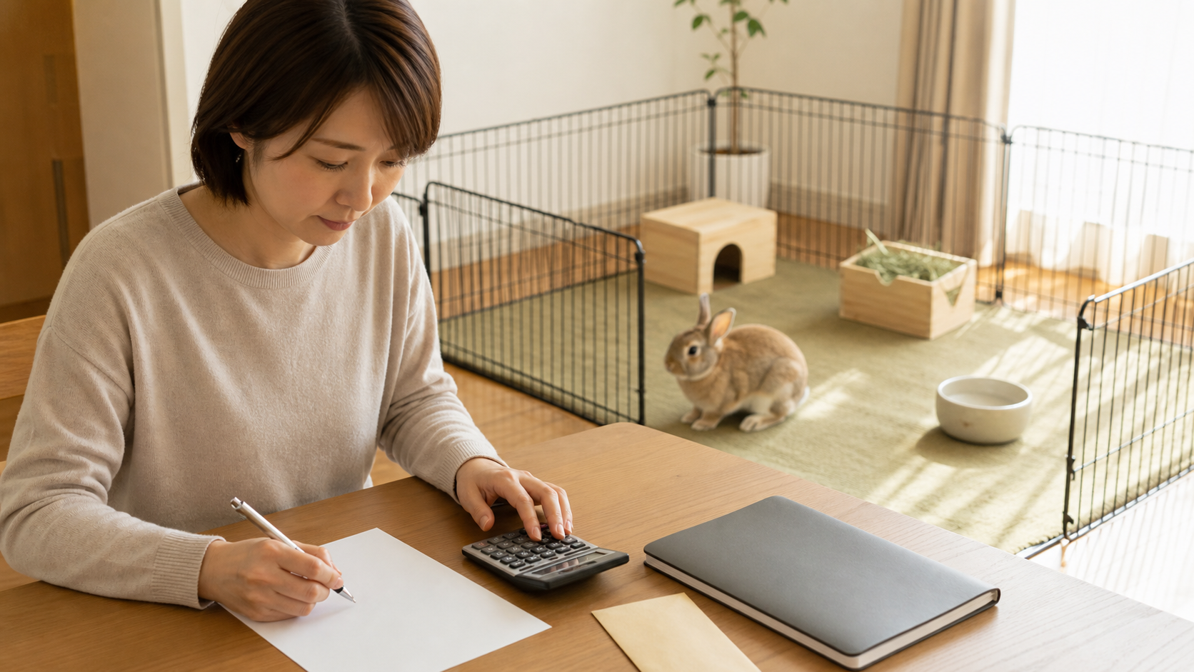 安全なペン内のうさぎから離れた机で予備費を考える飼い主
