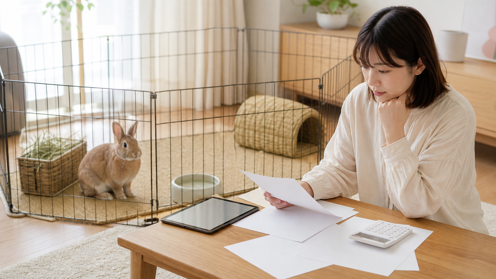 安全な室内ペンのうさぎのそばで保険条件を比べる飼い主